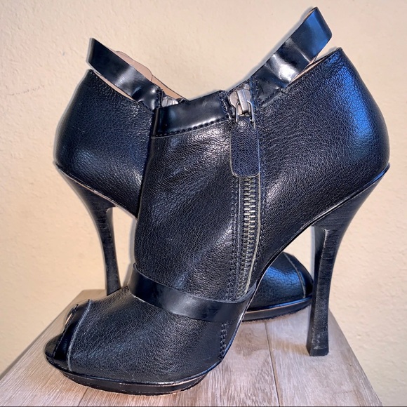 BEBE BLACK LEATHER PEEP TOE PLATFORM BOOTE - Picture 3 of 9